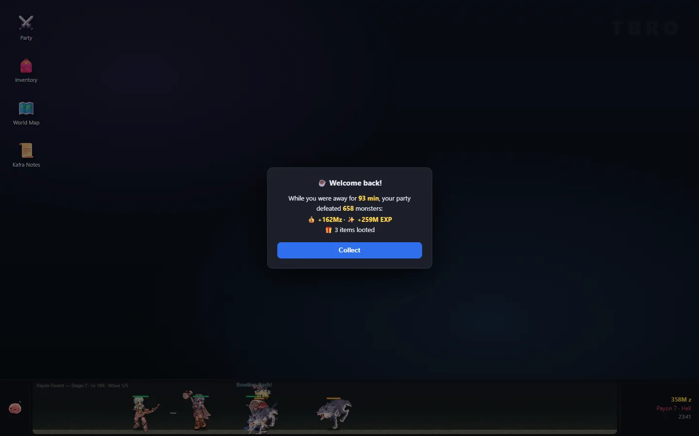 A 'Welcome back' popup summarising offline progress: monsters defeated, zeny, EXP and items looted while away