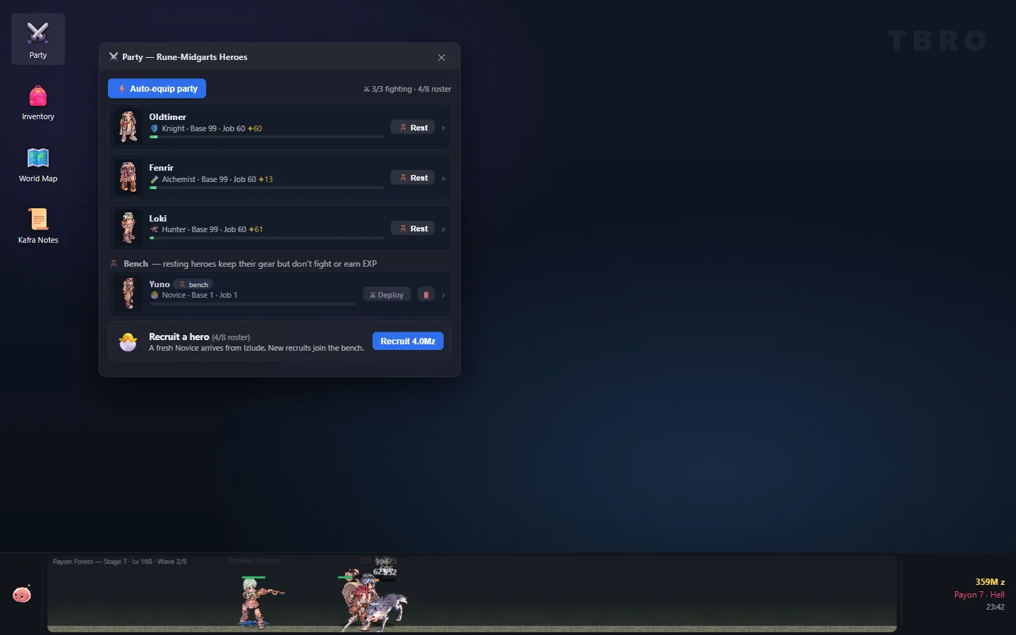 The Party window listing heroes over the game's world map, with a wolf-pack battle in the taskbar strip below