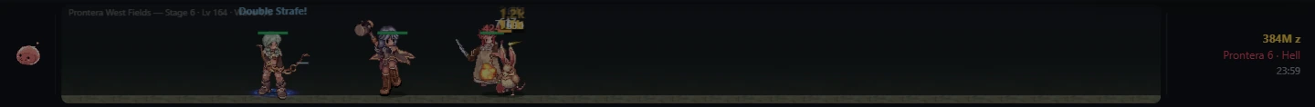 A close-up of the taskbar battle band: heroes casting Double Strafe on a Poring with floating damage numbers, zeny and clock