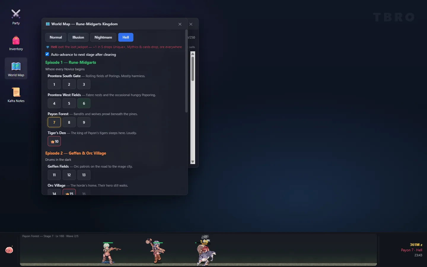 The World Map window showing episodes, stages and four difficulty tabs
